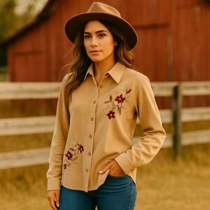 Fashion Classics Faux Suede Shirt L Tan Floral Embroidered Grandma Button Top